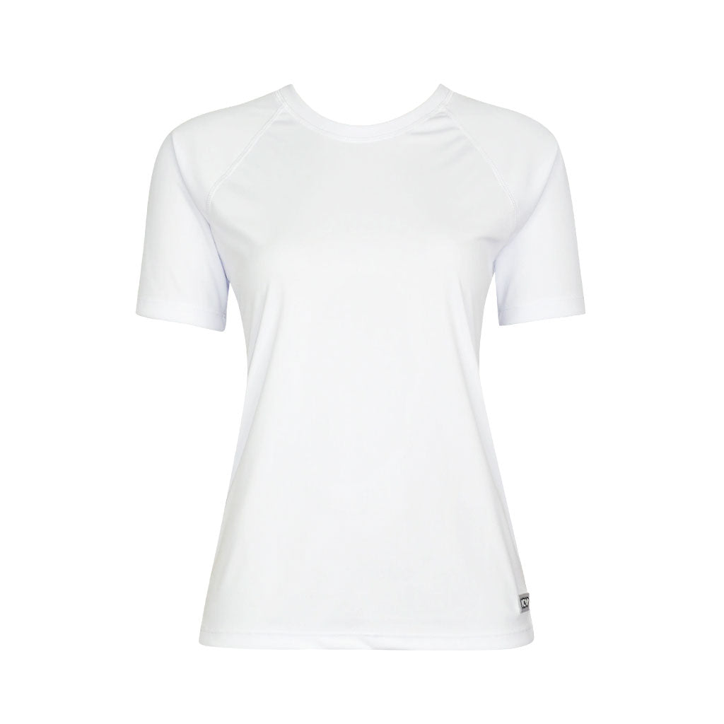 VC Ultimate white raglan short-sleeve jersey. Grey rubber logo on the bottom right. Rated UPF 50 and made in Toronto, Canada.