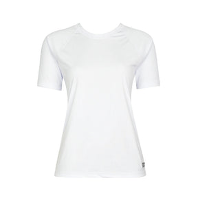 VC Ultimate white raglan short-sleeve jersey. Grey rubber logo on the bottom right. Rated UPF 50 and made in Toronto, Canada.