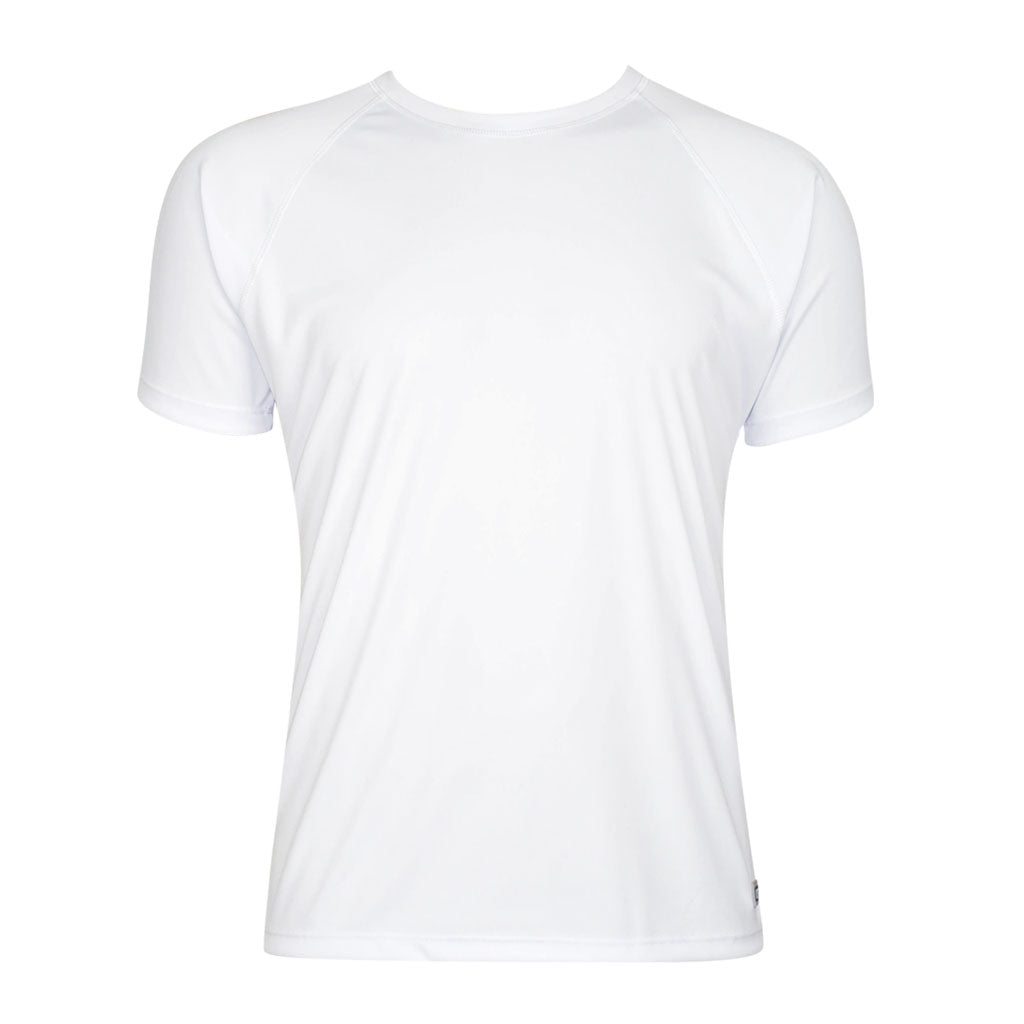 VC Ultimate white raglan short-sleeve sports jersey. Grey rubber logo on the bottom right. Rated UPF 50 and made in Toronto, Canada.