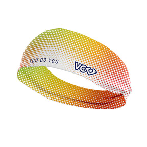VC Ultimate Frisbee Colourful Dotted Cinch Headband Saying Start With Kindness You Do You showing a VC Logo