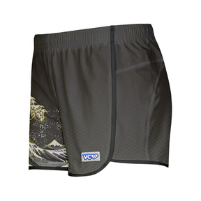 Black shorts with scale pattern featuring Hokusai's Great Wave on the right leg