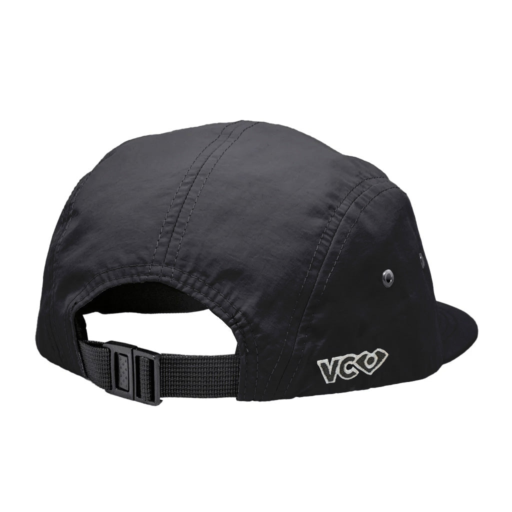VC Ultimate Black Performance Taslon Embroidered VC Logo Five Panel Hat Rear Quarter View With Black Buckle Clasp