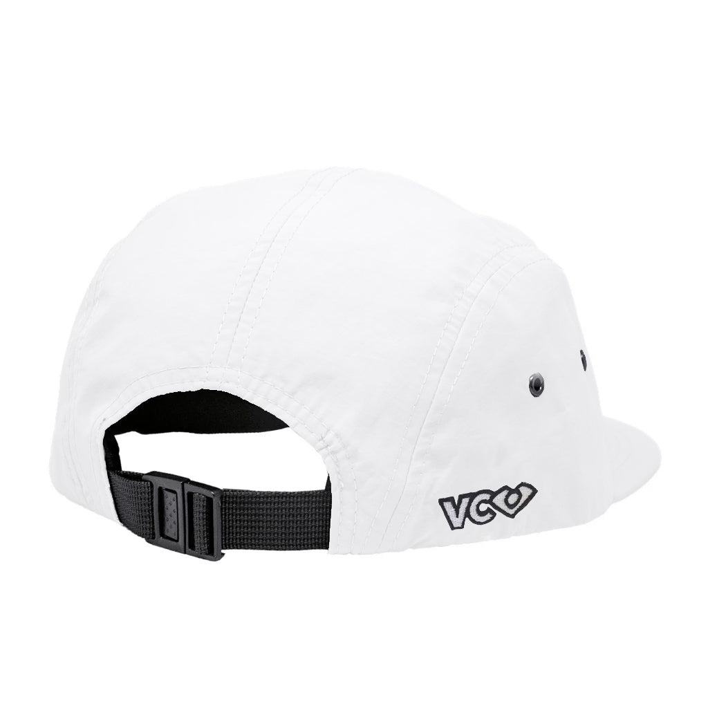 VC Ultimate Performance Taslon White VC Logo Five Panel Hat Rear Quarter View With Black Buckle Clasp