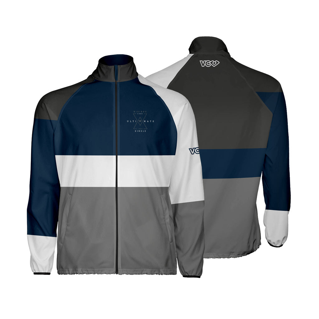 VC Ultimate Frisbee Triangle Blocks Navy White Grey Velocity Athletic Full Zip Windbreaker Jacket Front and Back